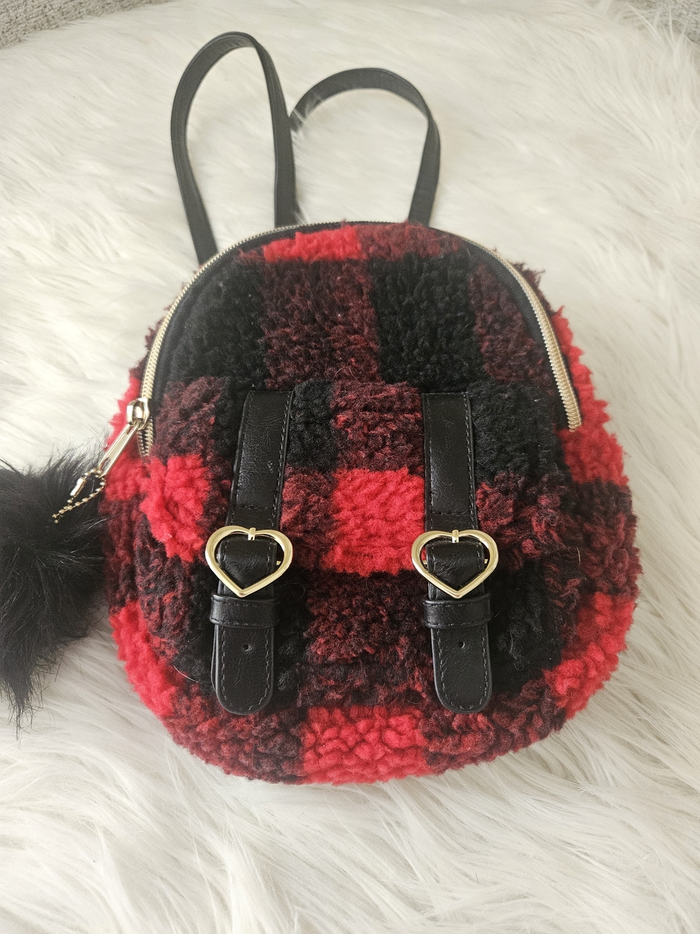 Red & Black Plush Sherpa Mini Backpack